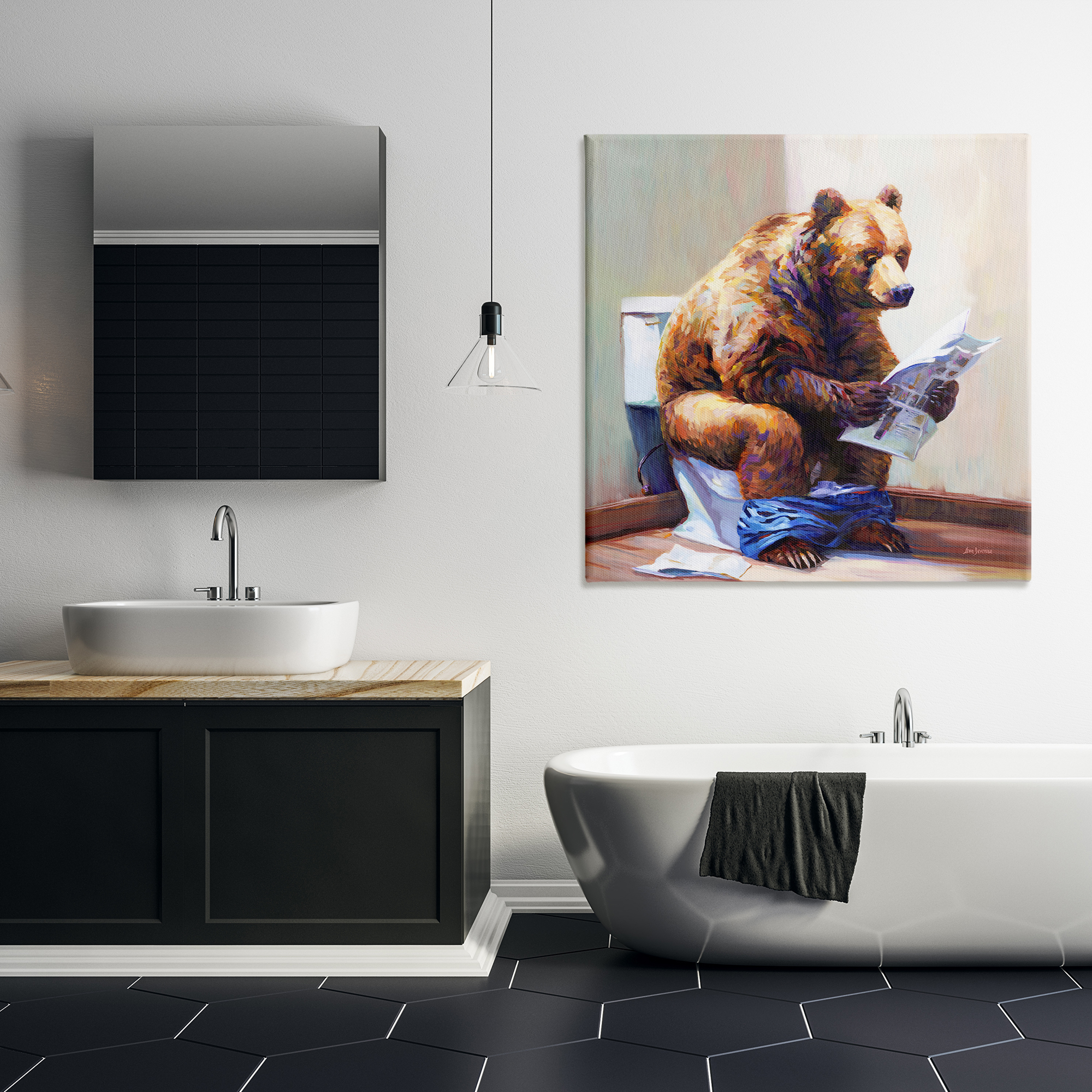 Stupell Industries Bathtub Bear with Graffiti Typography Painting Gallery Wrapped Canvas Art Print Wall Art, 36 x 36