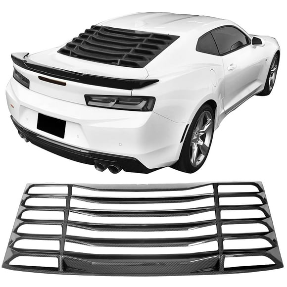 IKON MOTORSPORTS Persiennes de Fenêtre Arrière Compatibles avec Chevy Camaro Coupé 2 Portes 2016-2024, Pare-Soleil Pare-Brise Arrière Style IKON en ABS Fibre de Carbone Imprimée avec Évent