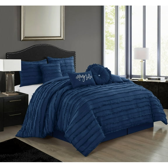 Nanshing Dessy 7-Piece Fringe Embroidered Microfiber Comforter Set with Bonus Pillows, Queen, Navy