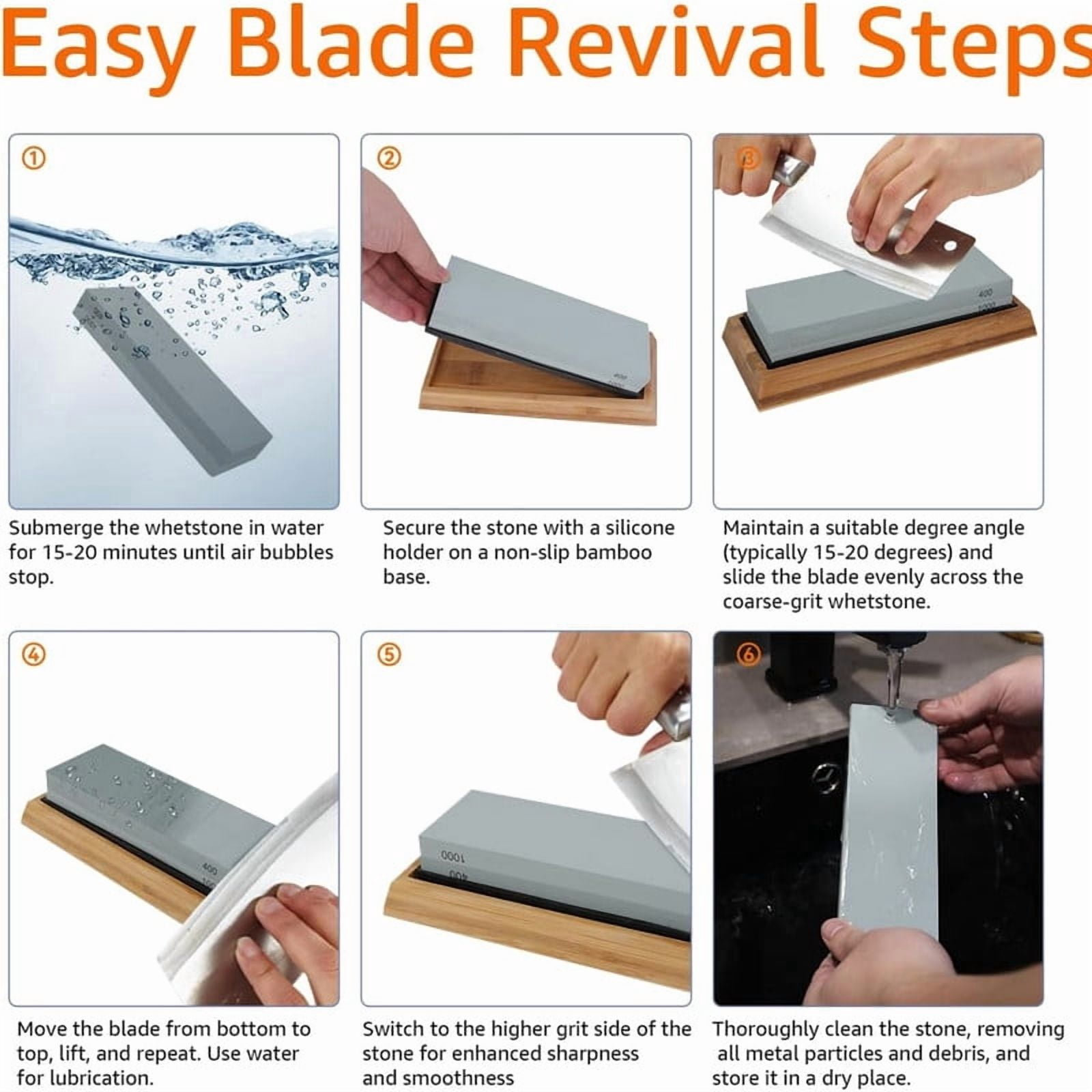 Complete Knife Sharpening Stone Set – Dual Grit Whetstone 400/1000 3000/8000 Knife Sharpener with Leather Strop, Flattening Stone, Bamboo Base & Angle Guide