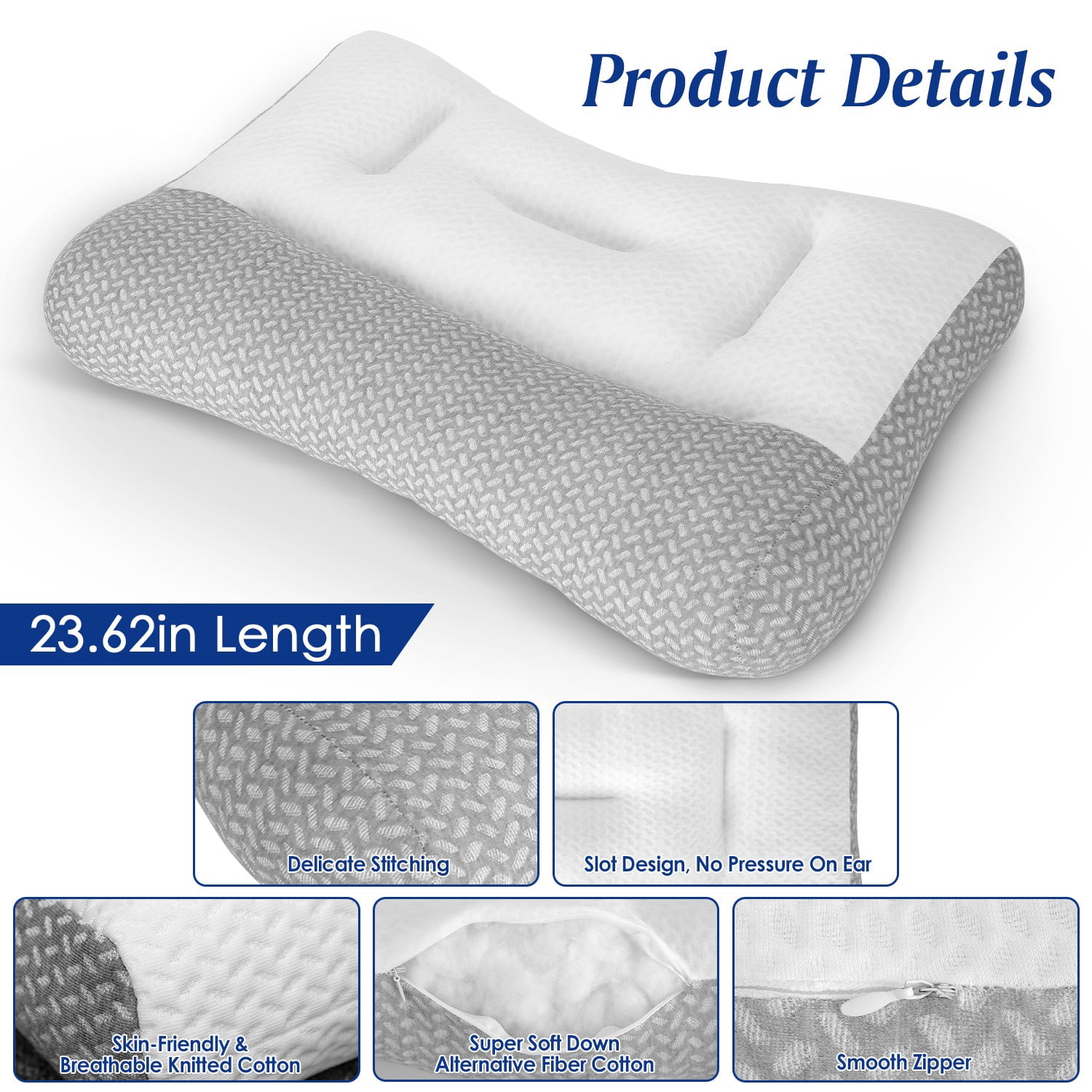 Astoutdoor Dual Zone Support Bed Pillow, Ergonomic Pillow with Ear Cutout for Side Sleepers, Breathable Mesh Cover, Down Alternative Fiber Filling for Home Bedroom Use