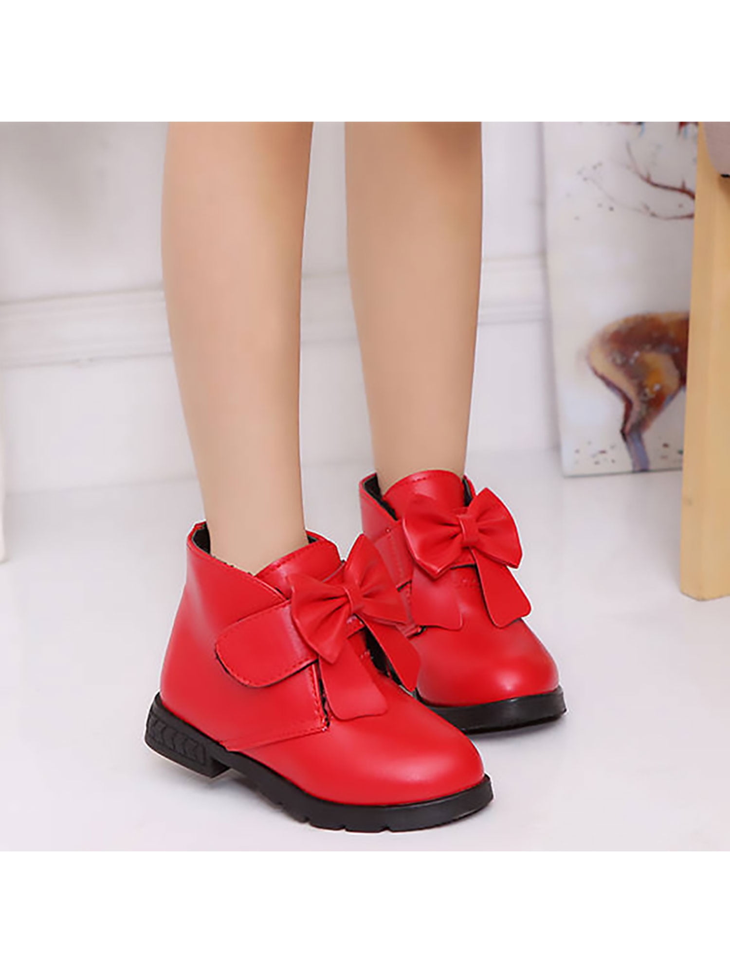 Ritualay Girls Boots Kids Ankle Boots for Kids Bow Booties Fashion Snow Boots for Girls Short Low Heels Boots Red 6.5C Walmart