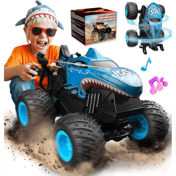 YCFUN Monster Truck Toys for Kids, 360° Spins Remote Control Car with Music and Lights, RC Toy Gift for Boys & Girls (Blue)