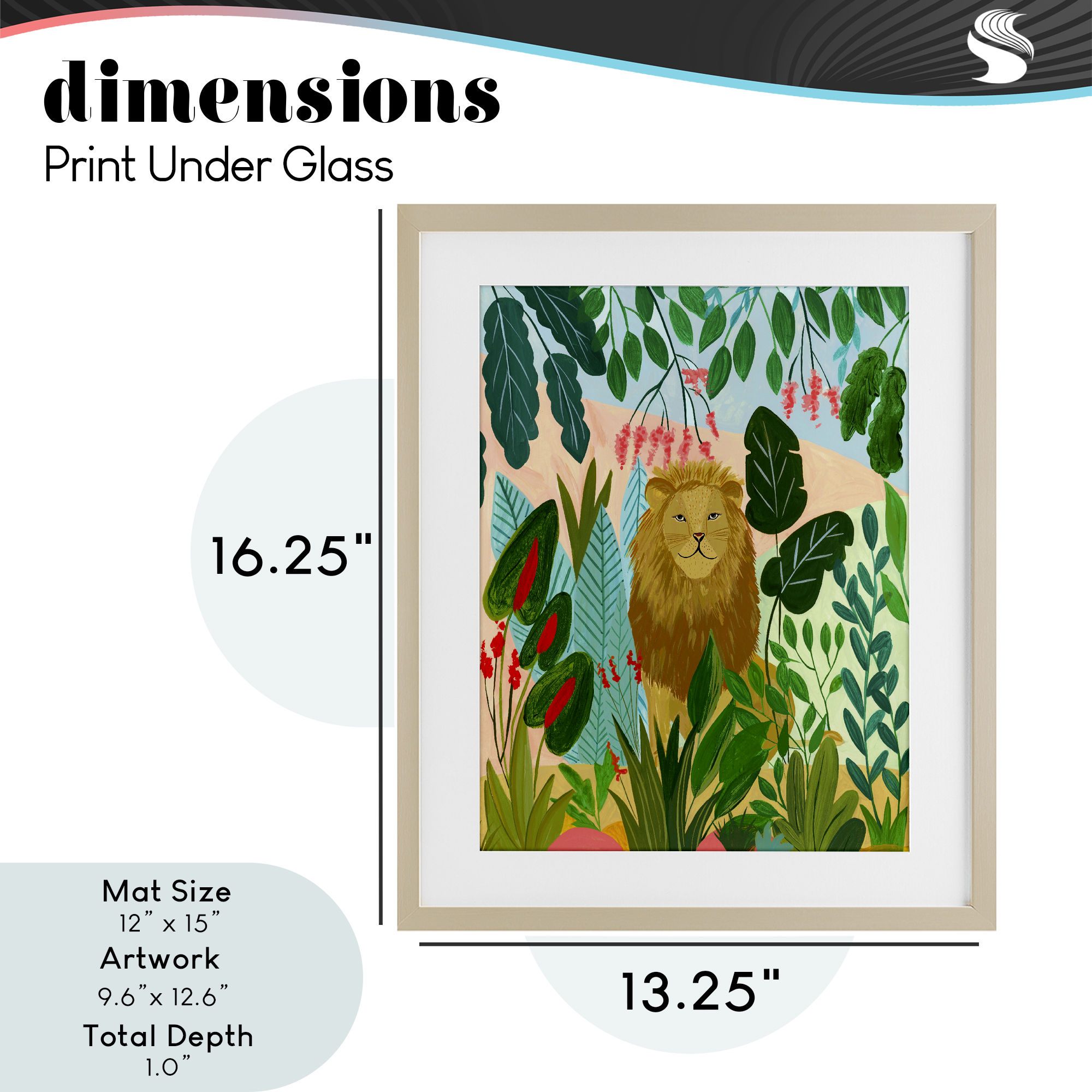 Stoic Lion Tropical Forest Birch Framed Print Under Glass, design by Nabeela Rumi