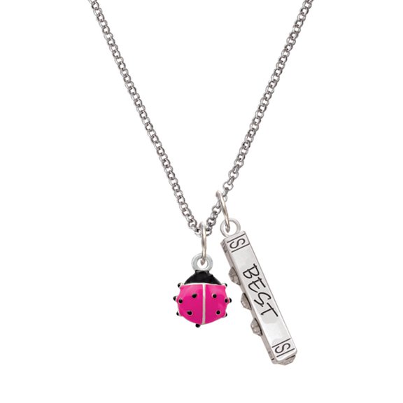 Delight Jewelry Silvertone Mini Hot Pink Ladybug Silvertone Best Friends Forever Bar Charm Necklace, 23"