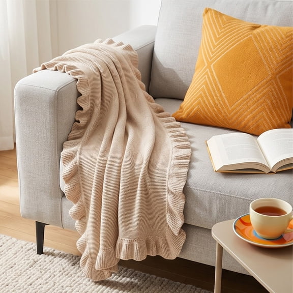 Cadancy Knitted Blanket Cotton Ruffled Edge Lightweight Throw for Couch Sofa Bed Decorative Soft Warm Cozy Home Living Room Bedroom All Season Coverlet Decor