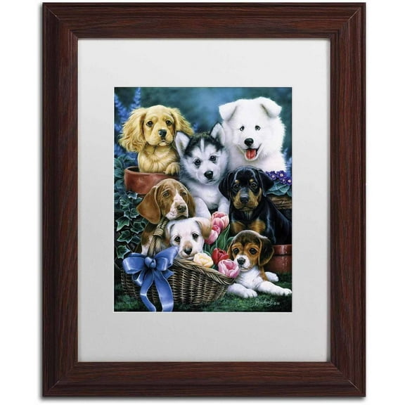 Trademark Fine Art 'Puppies' Canvas Art by Jenny Newland, White Matte, Wood Frame