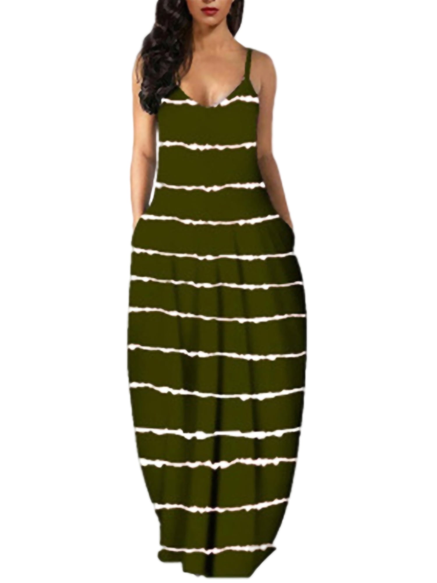 Lumento Sleeveless V Neck Maxi Dresses Plus Size Beach Striped Swing