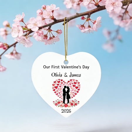 Our First Valentines Day Personalized Ceramic Ornament Flat 2D Printed Round Romantic Keepsake Gift For Girlfriend