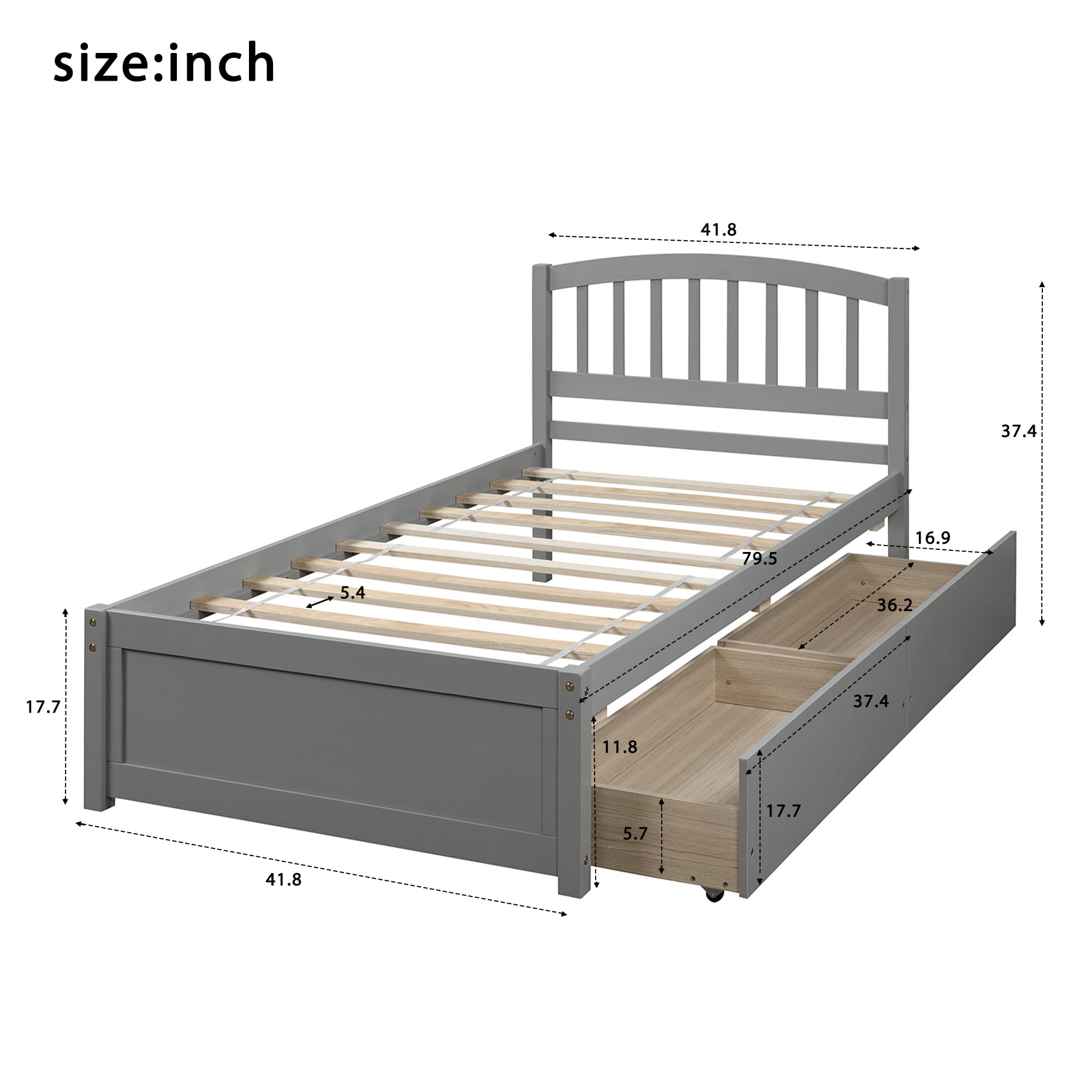 Gewnee Twin Size Platform Bed with Drawers,Wood Platform Bed Frame with Headboard,Gray