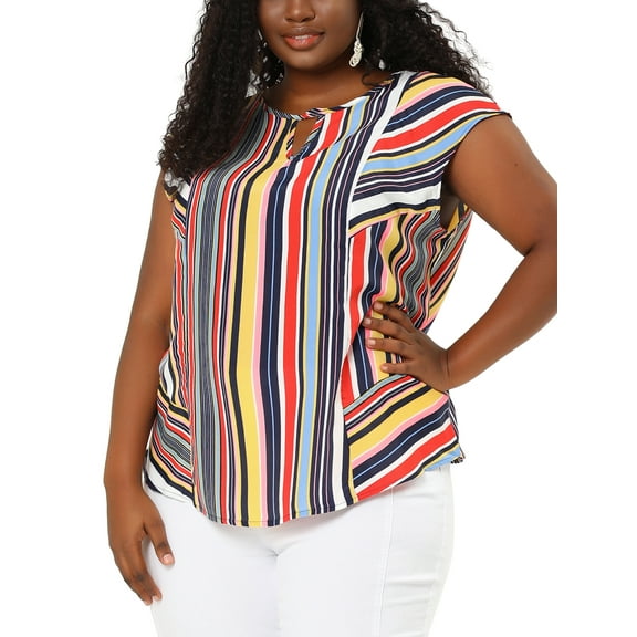 Agnes Orinda Women's Plus Size Summer Keyhole Cap Sleeve Stripe Boho Blouse