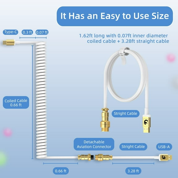 MAMBASNAKE C02 Coiled Keyboard Cable, Pro Custom USB-C Cable for Mechanical Keyboard, Double-Sleeved TPU Spring Cable for Gaming Keyboard, Type-C to USB-A, Detachable Gold Aviation Connector - White