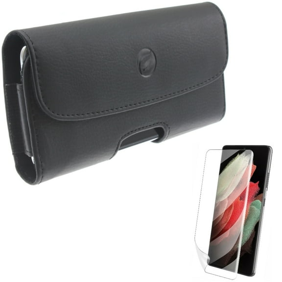 Case Belt Clip w Matte Screen Protector for Samsung Galaxy S21 Plus - Leather Holster Cover, TPU Film Anti-Glare Anti-Fingerprint
