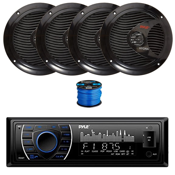 Pyle PLRMR27BTB Bluetooth Marine AM/FM Stereo Receiver, 4X 6.5" 150 Watt 2-Way Dual Cone Full Range Audio Speakers (Black) w/ Wire