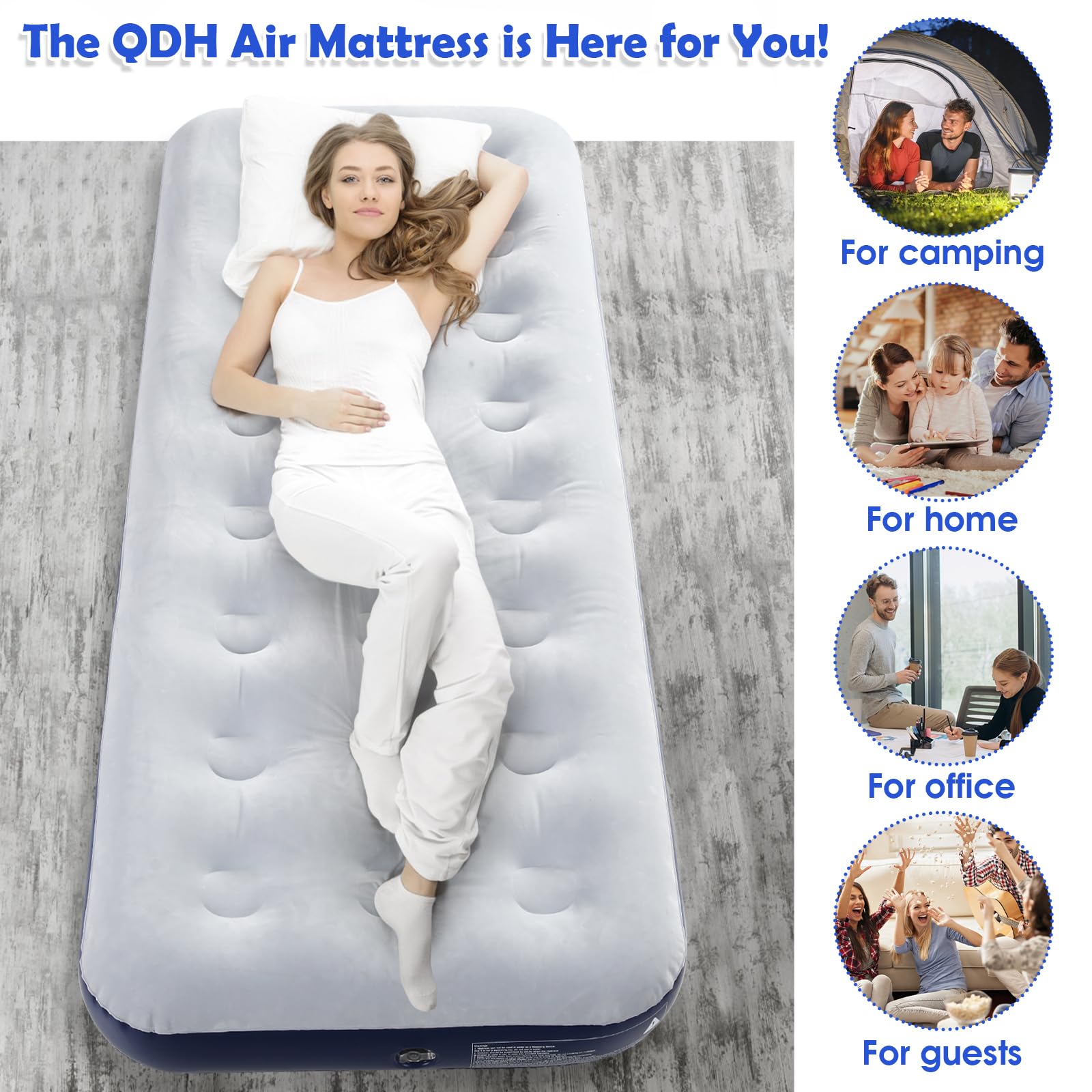 QDH Camping Air Mattress Inflatable Air Bed Flocked Surface Travel Bed Sleeping Pad Air Bed for Outdoor Camping Tent Guest Travelling