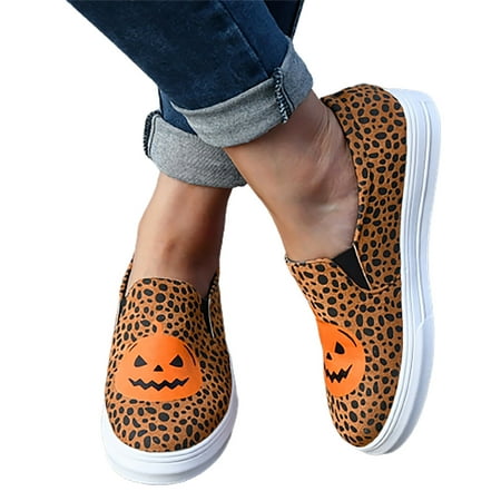 Oyedens Slip on Loafers for Women Funny Pumpkin Casual Low Top Canvas Shoes Walking Sneakers