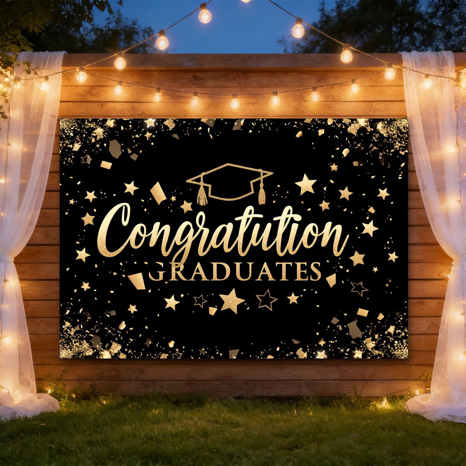 Class of 2026 Congrats Grad Black Golden Glitter Photography Backdrop Congratulate Gold Graduation Cap Celebration Prom Party Background Cake Table Banner Photo Booth Props