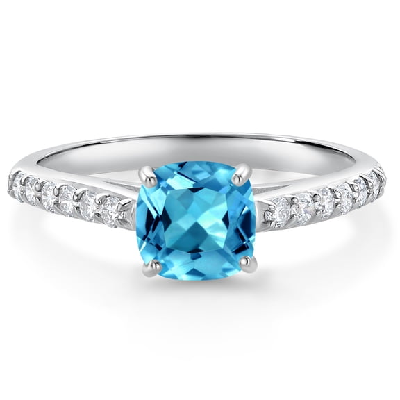 Gem Stone King 10K White Gold Swiss Blue Topaz and White Lab Grown Diamond Engagement Ring for Women (1.33 Cttw, Gemstone November Birthstone, Cushion 6MM, Size 6)
