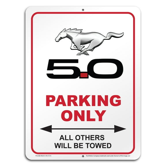 iPick Image for Ford Mustang 5.0 12" x 9" Parking Only Sign in White Glassy Aluminum, Official Licensed