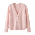 thumbnail image 4 of Women Sparkle Rhinestone V Neck Cardigan Sweater Button Front Soft Stretch Fabric (Pink M), 4 of 4