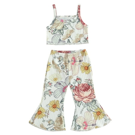 

Dewadbow Toddler Baby Girl Summer Floral Halter Crop Top Flare Pants Outfit