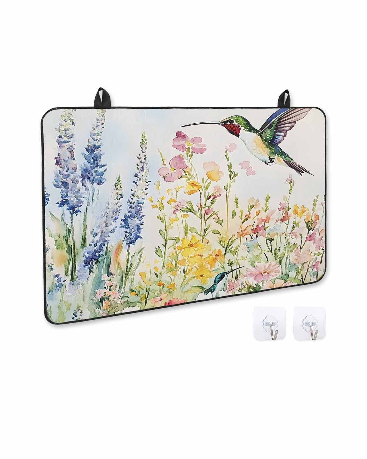 nqOlkjepod Large Induction Cooktop Protector Mat 36"x21", Floral Hummingbird Stove Top Covers for Electric Stove, Spring Watercolor Flowers Decorative Stove Burner Cover Mats, Glass Top Stove Cover