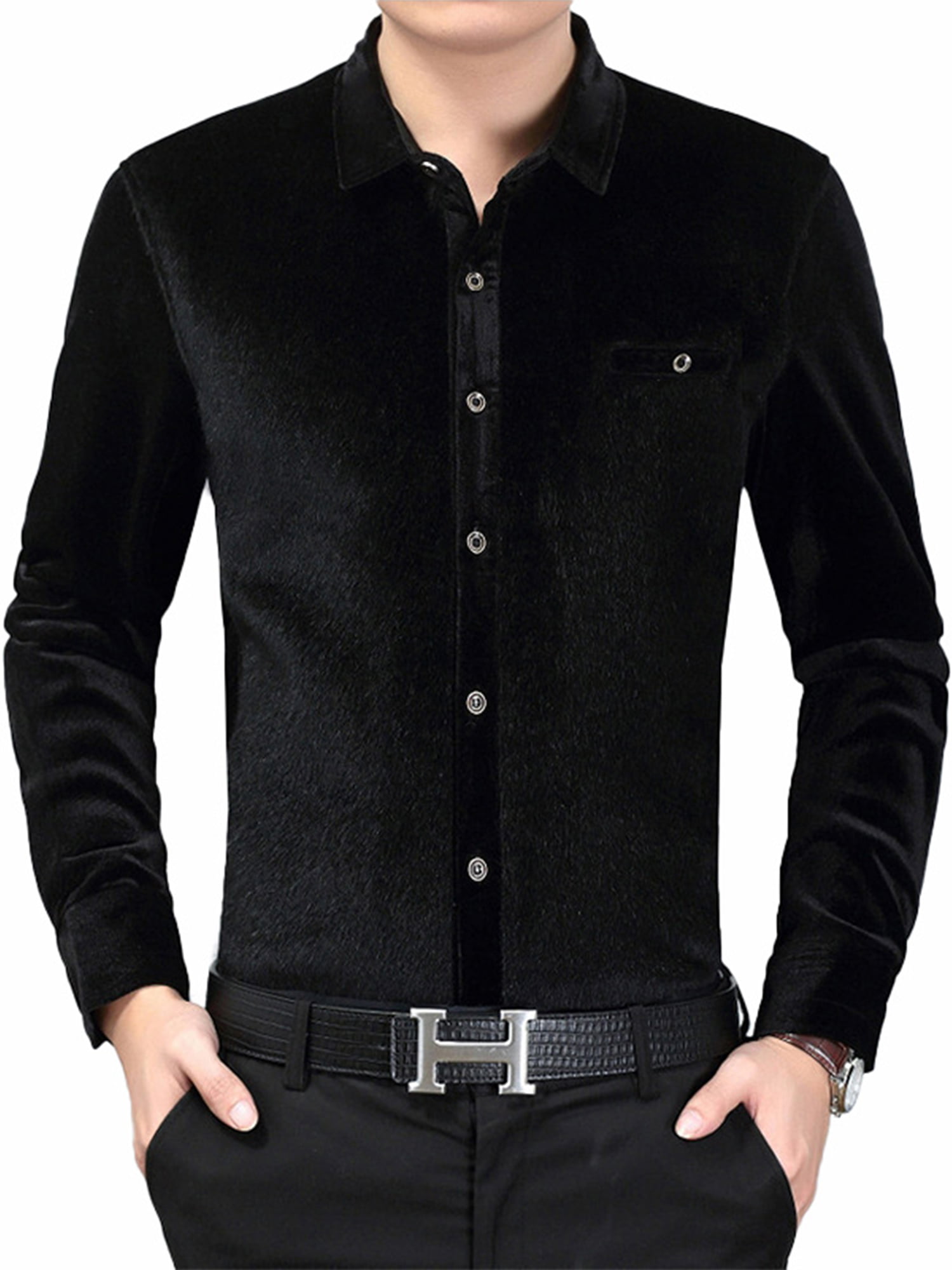 Cromoncent Men Button-Down Slim Fit Long-Sleeve Solid Color Corduroy Shirt 