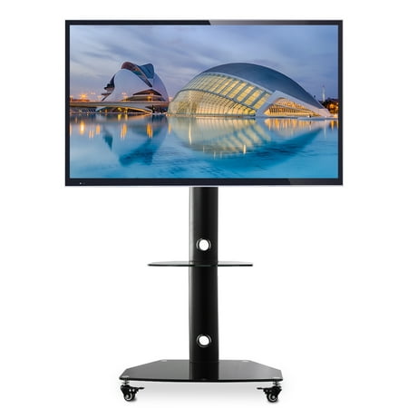 Beech Entertainment Center - Rfiver Rolling Floor Stand Mobile TV Cart with Universal Swivel Mount Wheels and Glass Shelf for 27