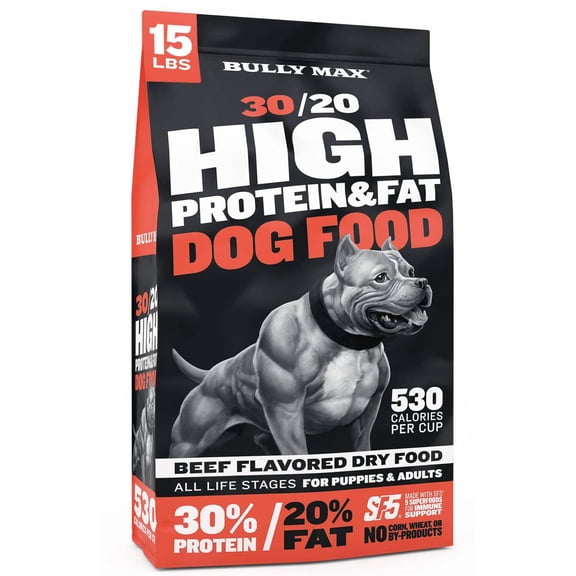 Bully Max 30/20 High Protein Beef Dog Food 15 lb bag.