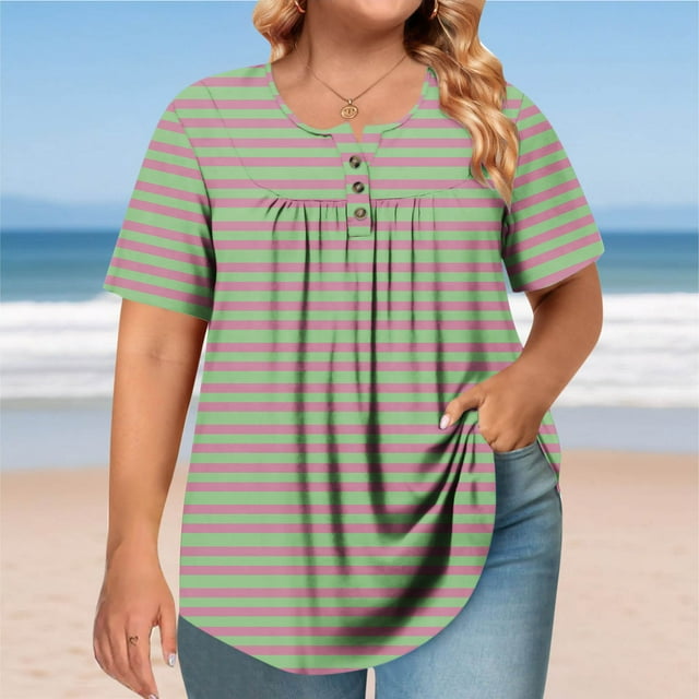 mfyjkho Tops Para Mujer, Camiseta Plisada Con Botones, Cuello Redondo Y Manga Corta Para Mujer Tops De Tallas Grandes Xl