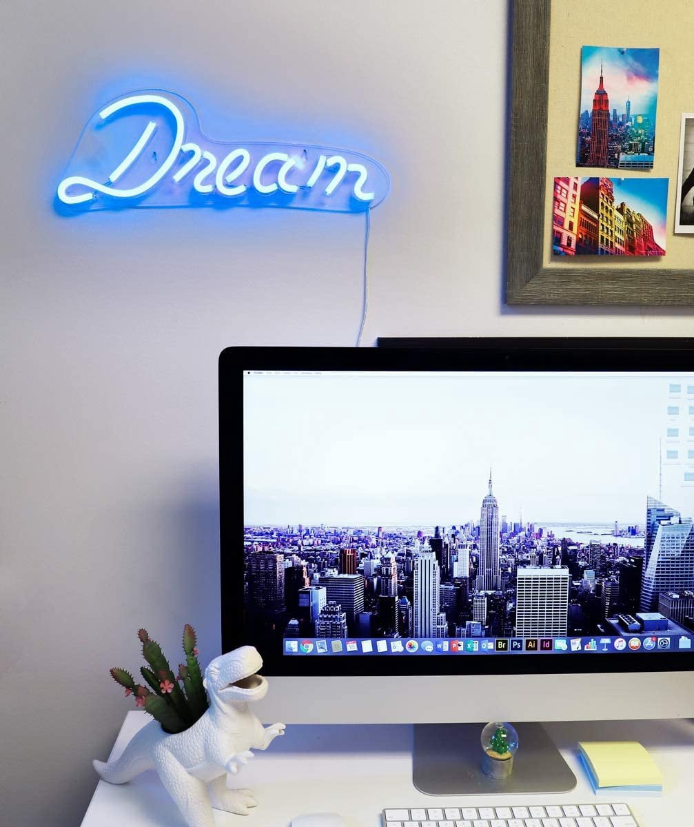 Isaac Jacobs 17" x 6" LED Neon Blue “Dream” Wall Sign for Cool Light, Wall Art, Powered by USB Wire