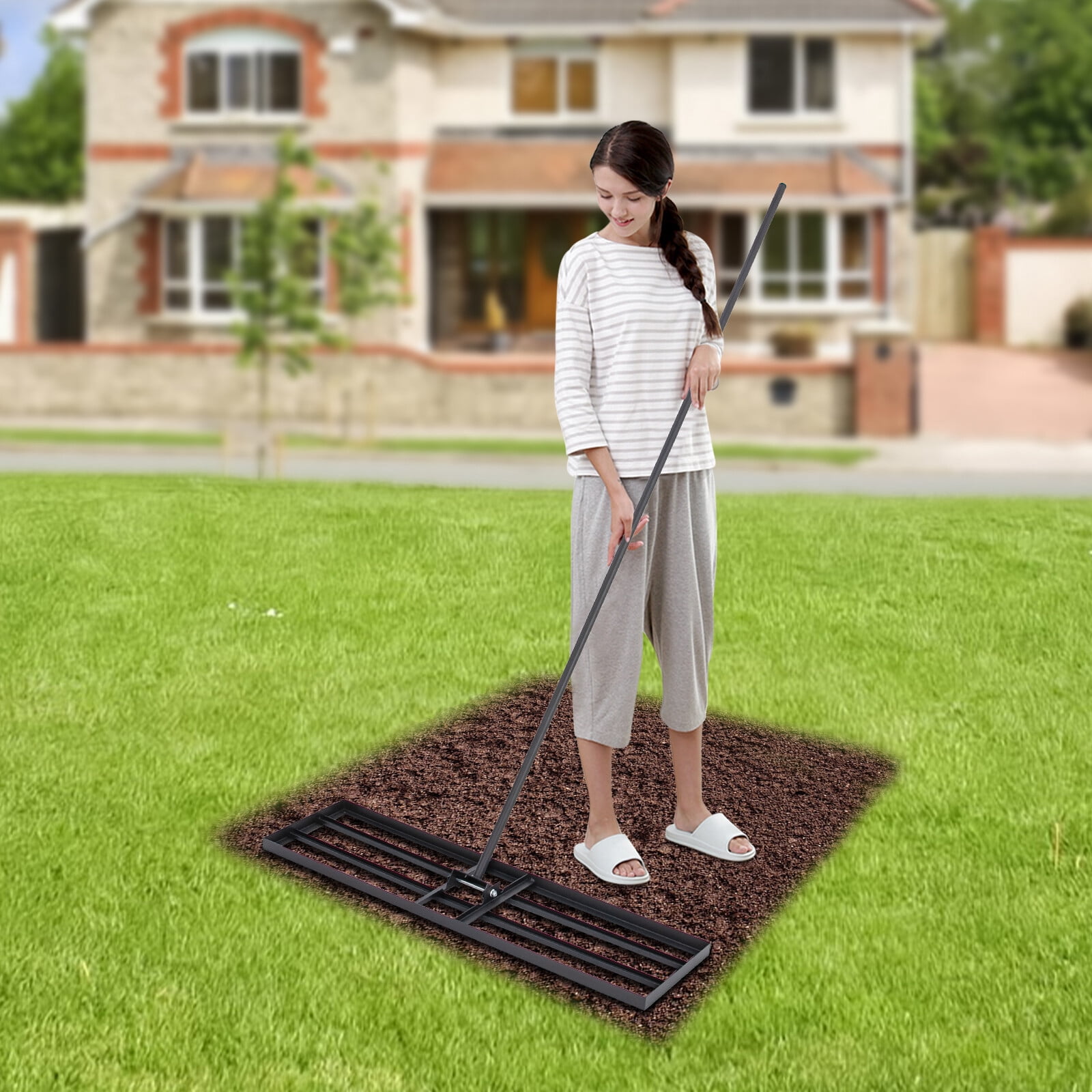 Grassland Leveling Rake, Lawn Leveling Rake 91x25cm Black Soil Leveling Tool, Adjustable Handle for Garden Yard Lawn Care & Soil Preparation