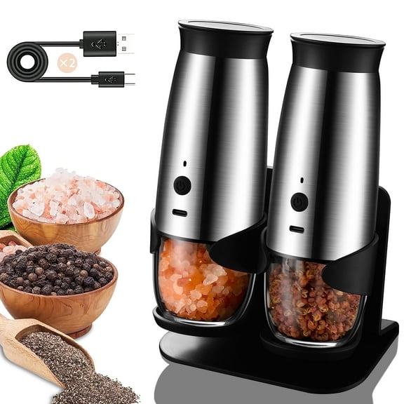 Electric Salt and Pepper Grinder Sets USB Rechargeable, Gravity Sensing Automatic Grinding, Adjustable Stainless Steel Spice Mill for Kitchen, Dining & Camping, Two Are Equipped with Bases.