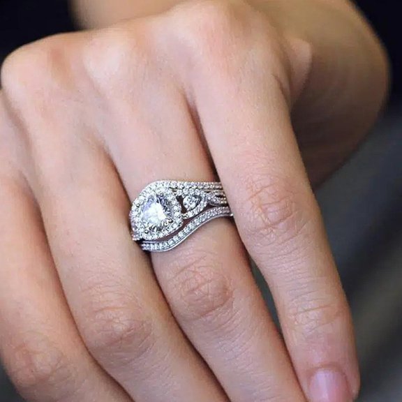 LINXIQIN Women White Cubic Zirconia 14K White Gold Plated Square Crossover Ring for Valentine's Day 3 Piece Set Size 7 Includes Gift Box