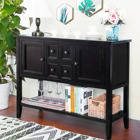 Patio Sideboard Table Top Knobs Console Table Buffet Sideboard Sofa Table with Four Storage Drawers Two Cabinets and Bottom Shelf (Black) ()