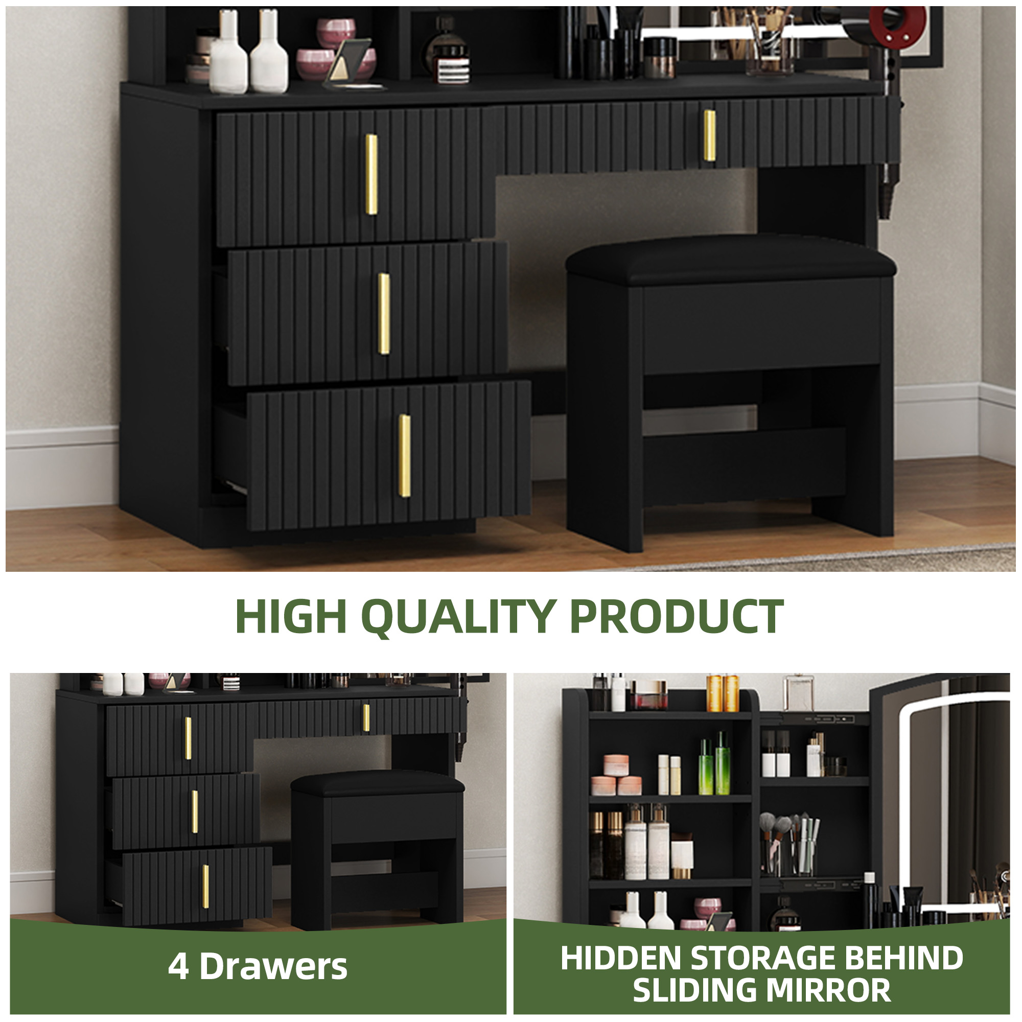 Uforic Large 55.5" Makeup Vanity with 3 Color Lights, Vanity Desk with USB Charging Station, Vanity Makeup Table with 4 Drawers, Hidden and Open Storage Shelves, Black