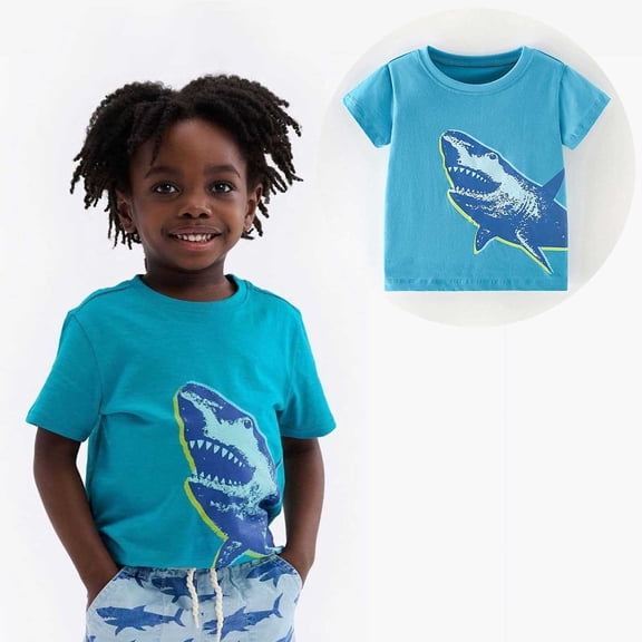 Girls T Shirts Gradient Shark Print Short Sleeve Summer Casual Tee Boys' Tops Sky Blue 3-4 Years