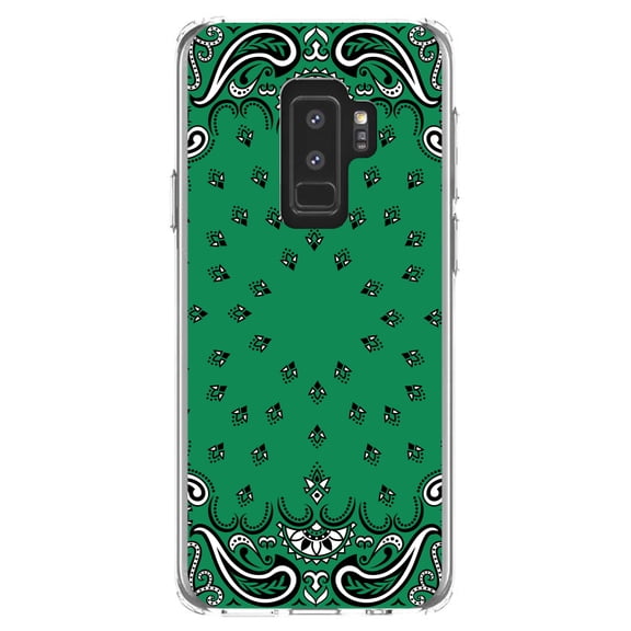 DistinctInk Clear Shockproof Hybrid Case for Samsung Galaxy S9  PLUS (6.2" Screen) - TPU Bumper, Acrylic Back, Tempered Glass Screen Protector - Bandana Print - Green, Black, White
