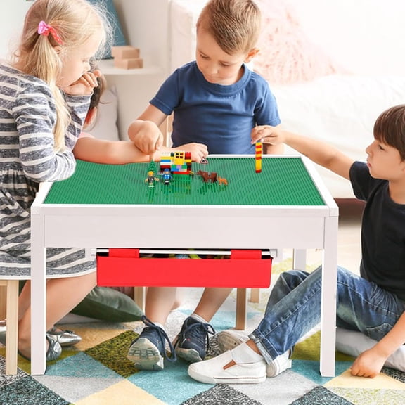 2 in 1 Kids Activity Table with Storage Drawers - Wooden Play Table with Detachable Blocks & Blackboard Top, Compatible with LEGO & DUPLO Bricks, White