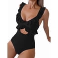 thumbnail image 3 of One Piece Swimsuit for Women Tummy Control Ruffle Bathing Suit V Neck Ruched Swim Suit Slimming Cutout Swimwear Black XL, 3 of 7
