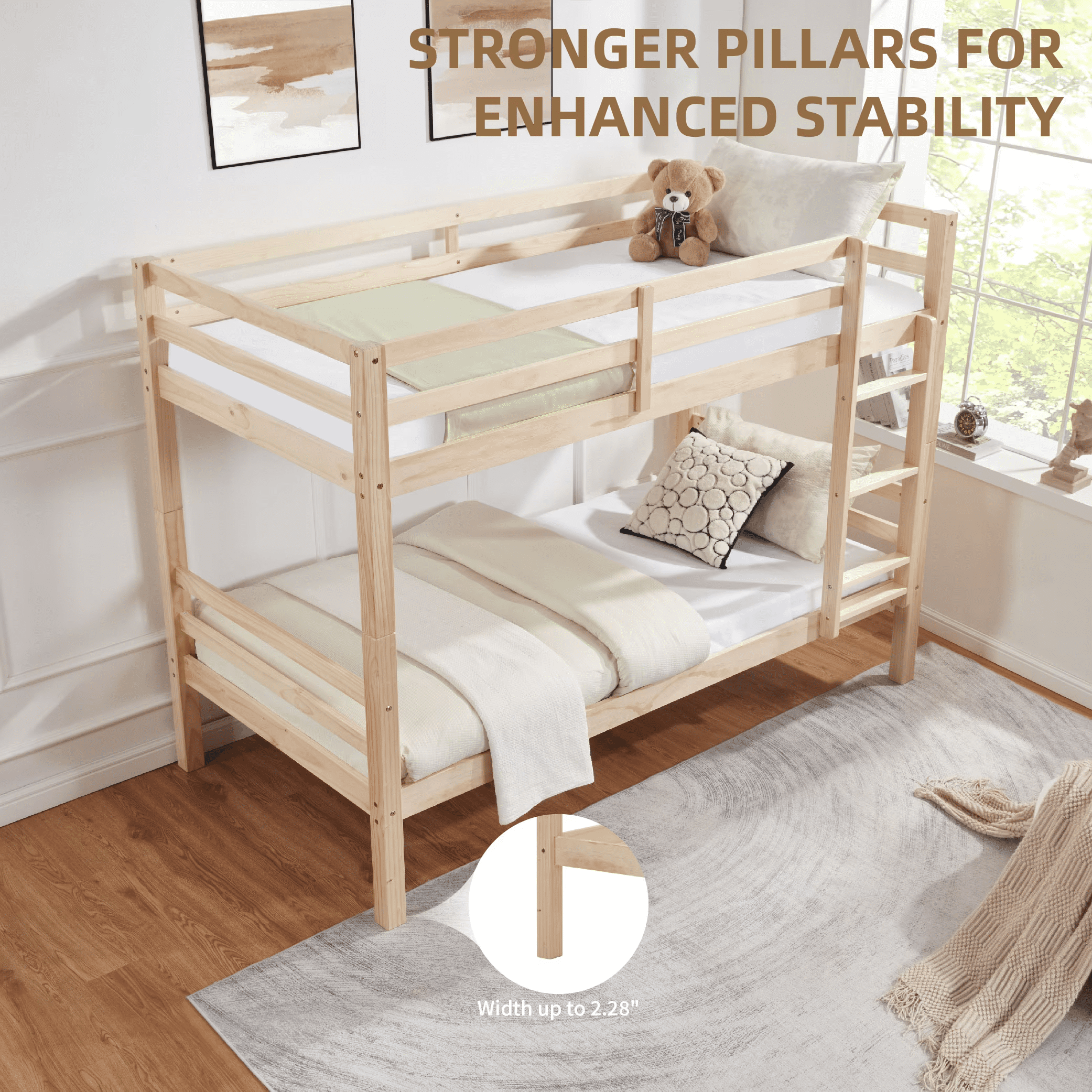 MAYEERTY Twin over Twin Bunk Bed with Thick Posts, Wooden Bed Frame with High Guardrail and Ladder for Kids, No Box Spring Needed, Natural