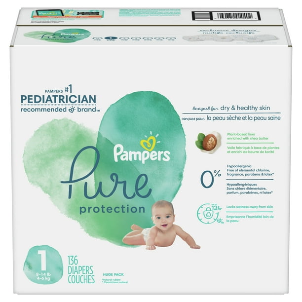 Pampers Pure Protection Natural Diapers, Size 1, 136 ct