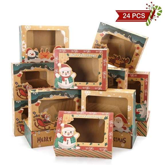 BagDream 24Pcs Christmas Brown Cookie Boxes, 8x6x2.5" Bakery Treat Cookie Box with Window for Xmas Holiday, Birthday Party, Cupcakes, Brownies, Donuts Gift Giving