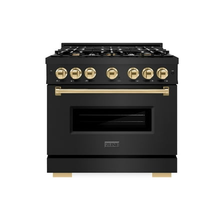 ZLINE Autograph Edition 36 in. 5.2 cu. ft. Classic Dual Fuel Range with 6 Burner Gas Cooktop and Electric Convection Oven in Black Stainless Steel with Polished Gold Accents (CDRBZ-36-G)