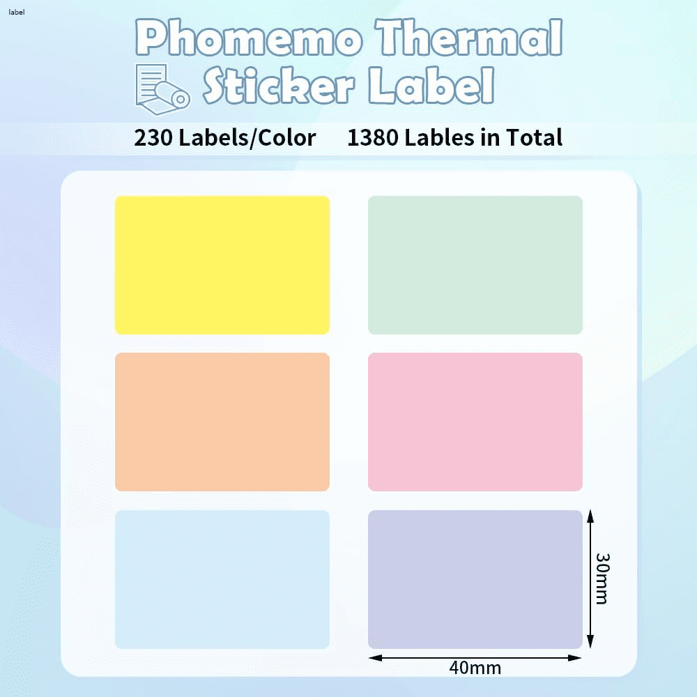 Phomemo M110 Labels, M110/M220/M221/M120/M200 Thermal Labels 1.57" x 1.18"(40mmx30mm), M110 Labels Self-Adhesive Label, 230 Labels/Roll, 6 Rolls, Multicolored