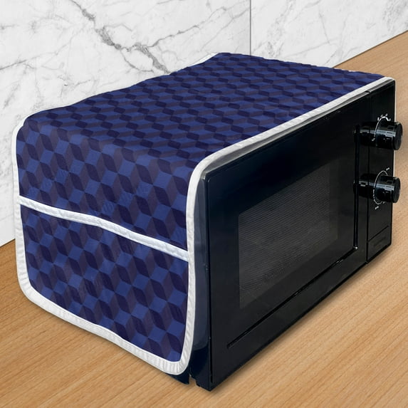 Indigo Microwave Oven Cover, 3D Print Like Geometrical Futuristic Inspired Shadow Boxes Cubes Image Print, Water Resistant Organizer with Pockets Kitchen, 36" x 12", Dark Blue and Blue, by Ambesonne