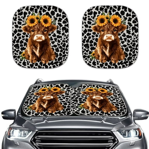KUIFORTI Highland Cow Windshield Sun Shade - Leopard Print Sunshade with Heat-Resistant UV Protection 2-Piece 25.5"x28.5" Universal Foldable Automotive Interior Protection