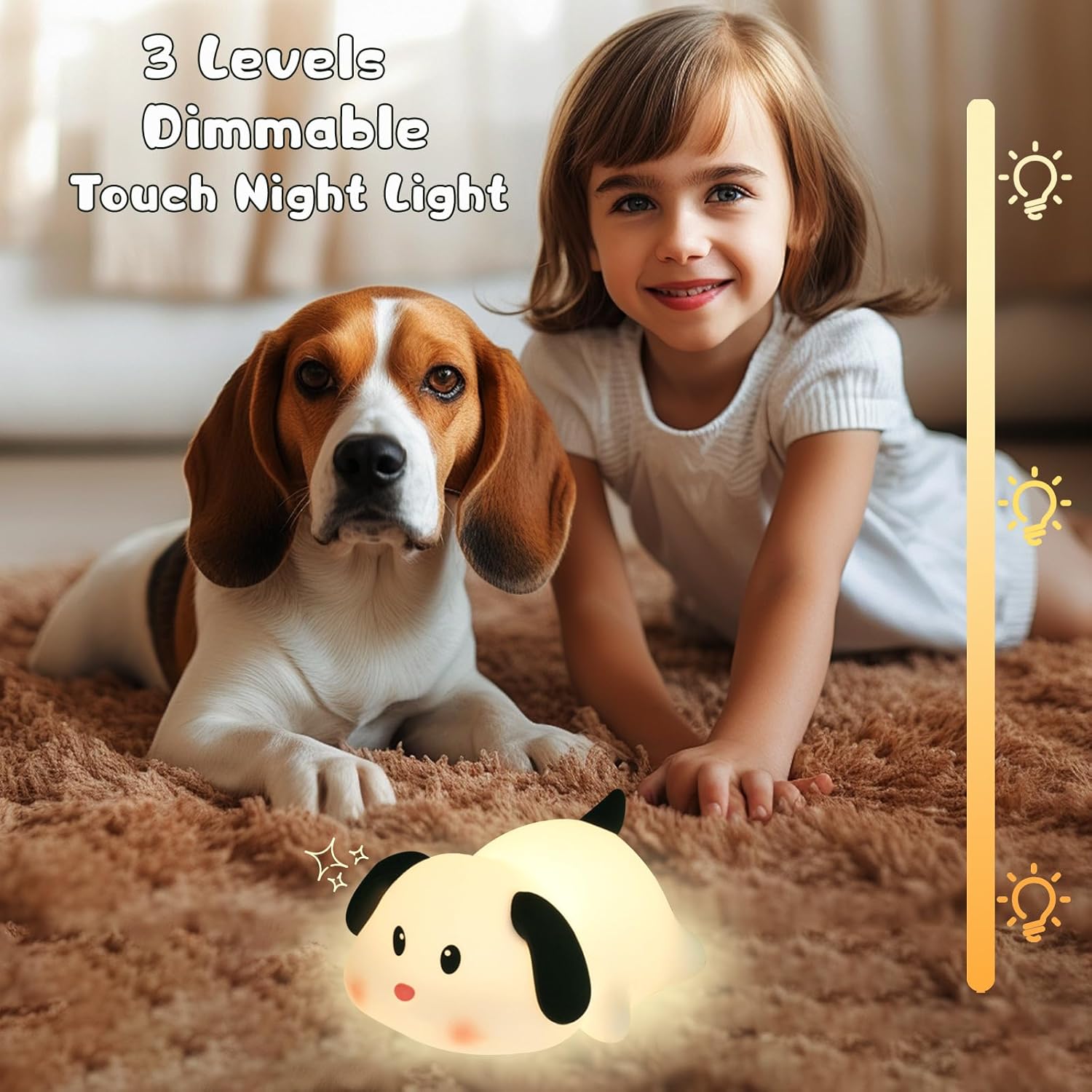 Night Light for Kids, Cute Silicone Puppy Squishy Night Light, 3 Levels Dimmable LED Dog Lamp with Timer, Rechargeable Baby Nursery Light, Unique Gifts for Boys Girls