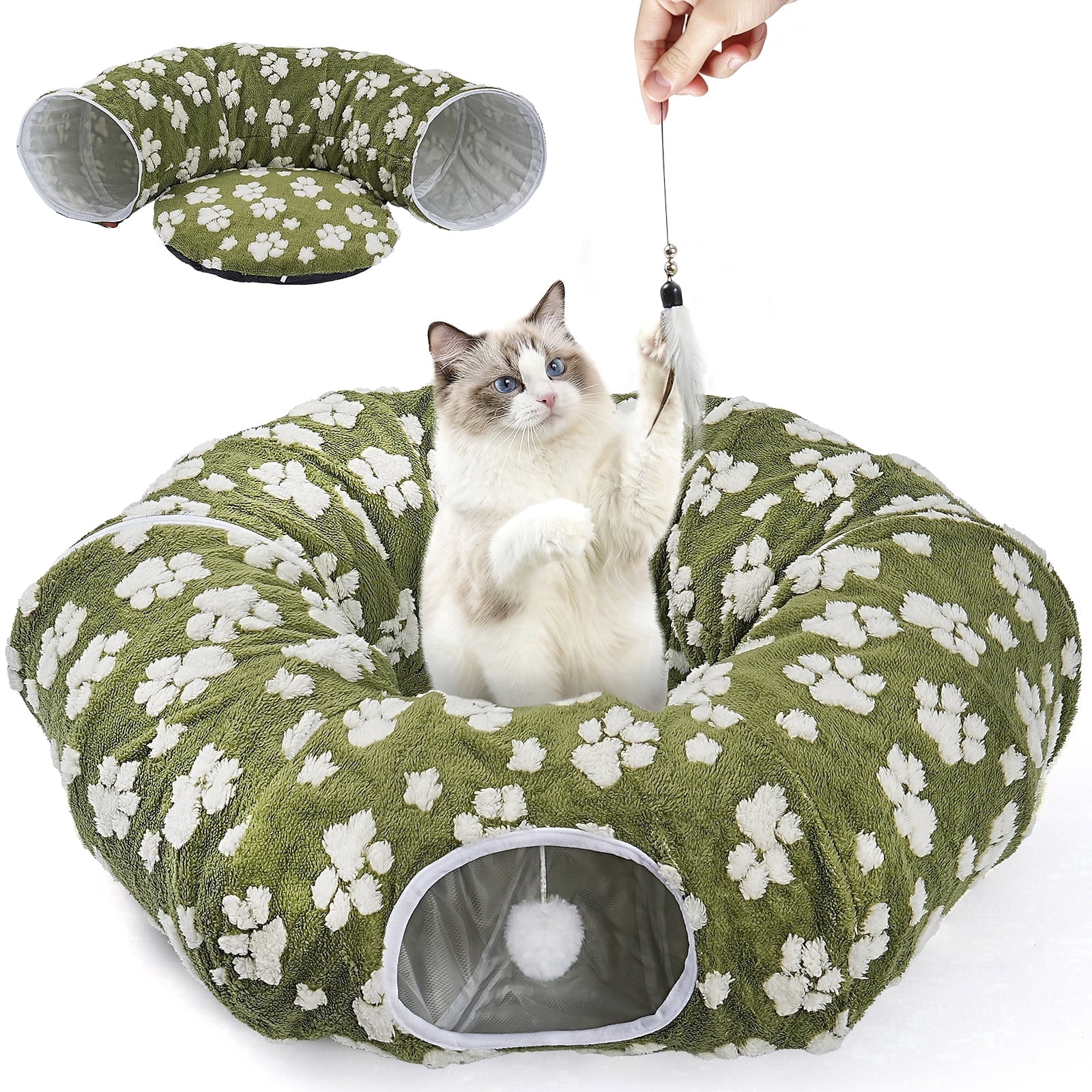 Hutact 3-in-1 Cat Tunnel with Cushion, 34" Soft Pet Bed Collapsible Plush Donut Cat Cave Hideaway, Multi-Shape Tunnel, Peekaboo Playground Toys for Indoor Cats Kittens Sleep Play Exercise, Green