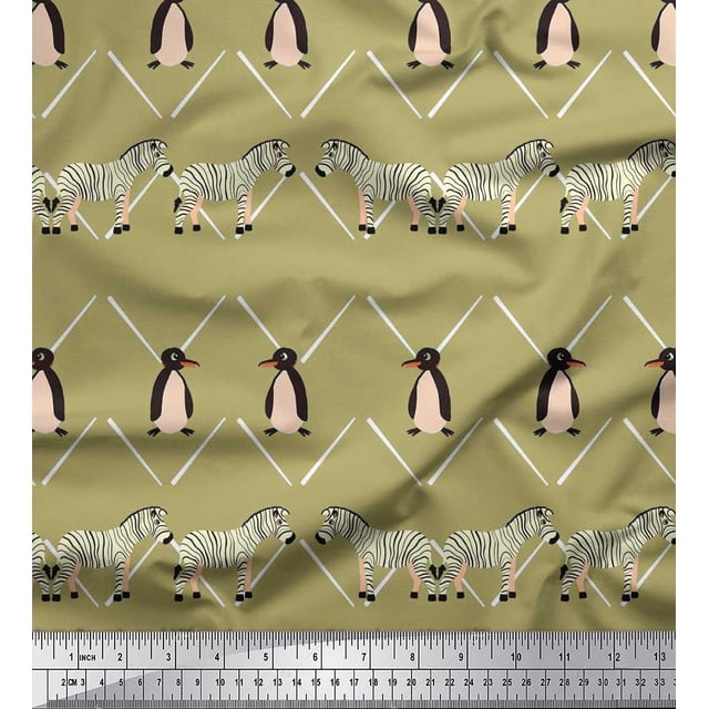 Soimoi Green Poly Georgette Fabric Penguin & Stripe Animal Printed Fabric 1 Yard 42 Inch Wide